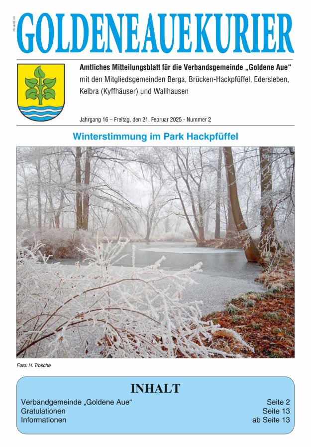 Goldene Aue Kurier – Amtliches Mitteilungsblatt für die Verbandsgemeinde "Goldene Aue" Titelblatt 02/2025