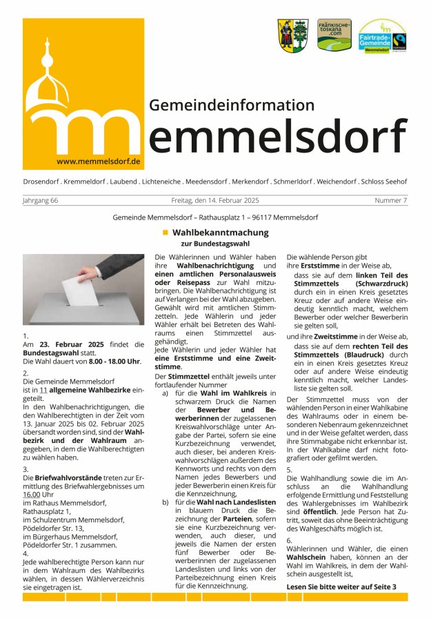 Mitteilungsblatt der Gemeinde Memmelsdorf Titelblatt 07/2025