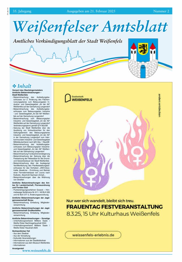Weißenfelser Amtsblatt – Amtliches Verkündungsblatt der Stadt Weißenfels Titelblatt 02/2025