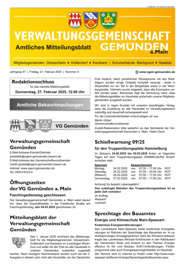 Mitteilungsblatt der VG Gemünden a Main Titelblatt 04/2025