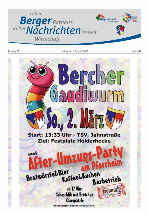 Berger Nachrichten, Bergrheinfeld Titelblatt 08/2025