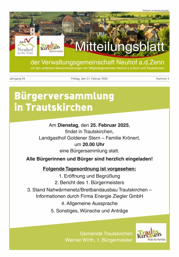 Mitteilungsblatt der Verwaltungsgemeinschaft Neuhof an der Zenn mit den amtlichen Bekanntmachungen der Mitgliedsgemeinden Neuhof an der Zenn und Trautskirchen Titelblatt 04/2025