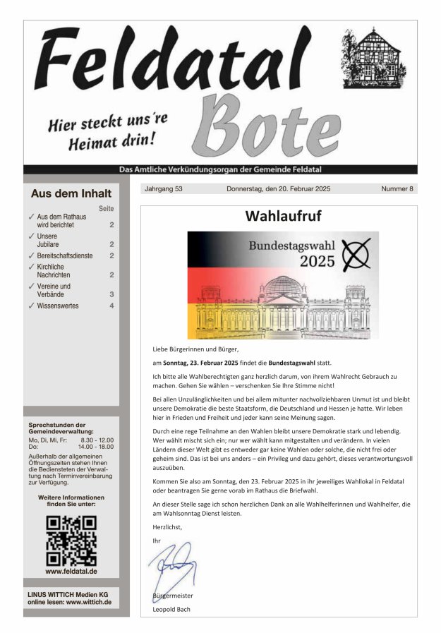Das Amtliche Verkündungsorgan der Gemeinde Feldatal Titelblatt 08/2025