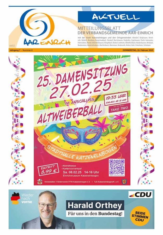 Mitteilungsblatt der Verbandsgemeinde Aar-Einrich Ausgabe Katzenelnbogen Titelblatt 08/2025