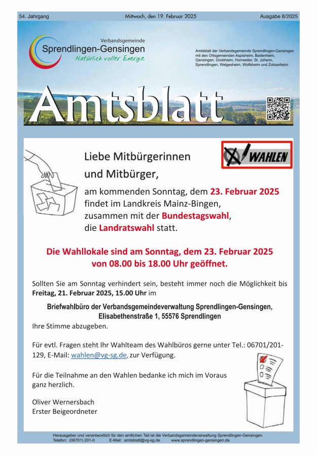 Amtsblatt VG Sprendlingen-Gensingen Titelblatt 08/2025