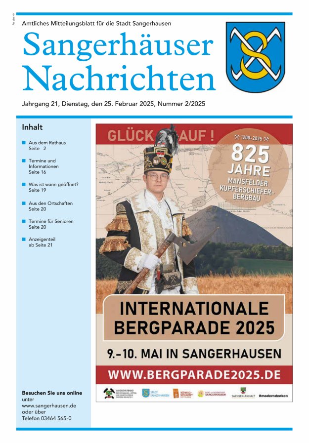 Sangerhäuser Nachrichten – Amtliches Mitteilungsblatt für die Stadt Sangerhausen Titelblatt 02/2025