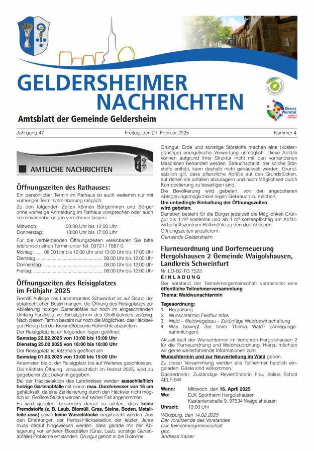 Geldersheimer Nachrichten Amtsblatt der Gemeinde Geldersheim Titelblatt 04/2025
