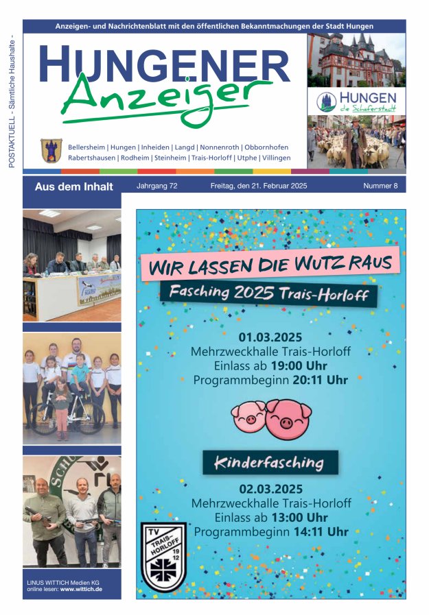 Anzeigen- und Nachrichtenblatt mit den öff  Bekanntmachungen der Stadt Hungen Titelblatt 08/2025