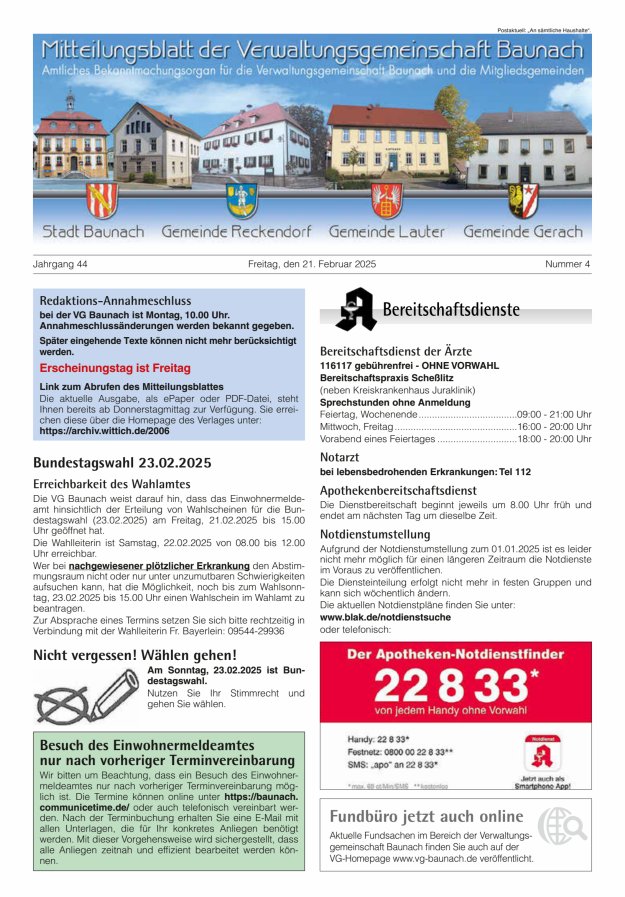 Mitteilungsblatt Verwaltungsgemeinschaft Baunach Titelblatt 04/2025