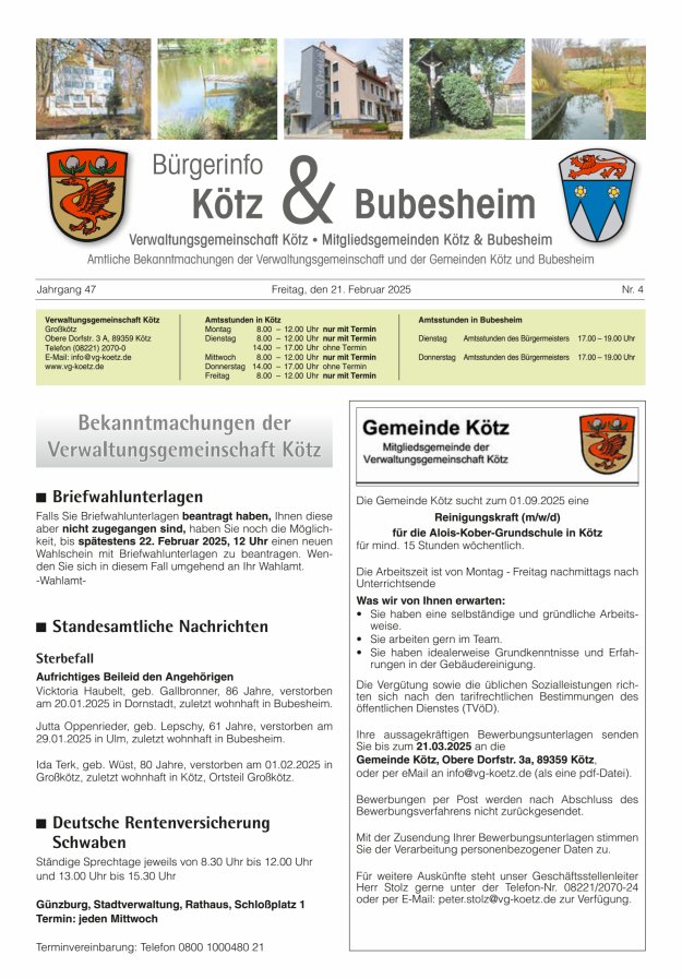 Amtsblatt der VG Kötz und der Mitgliedsgemeinden Titelblatt 04/2025