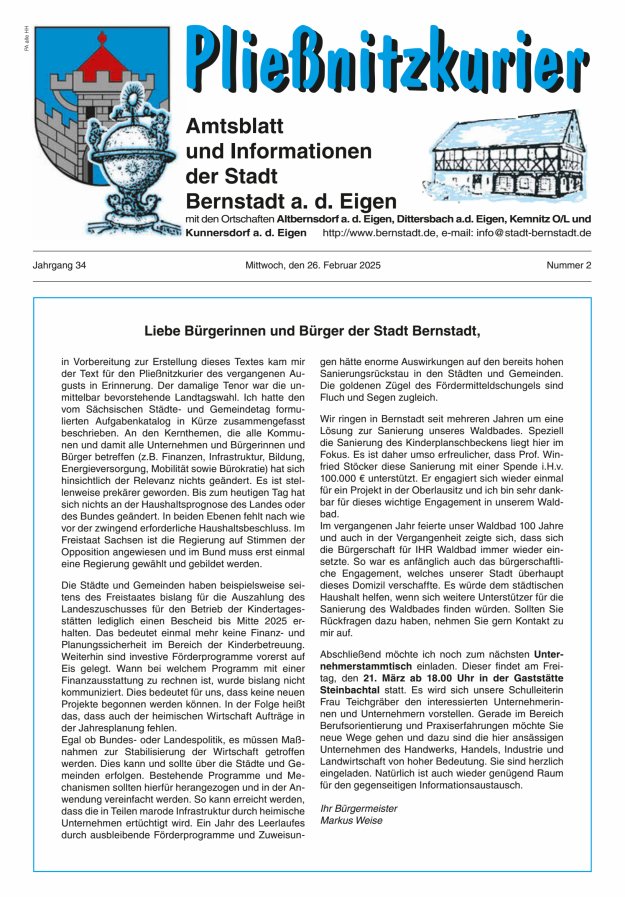 Pließnitzkurier – Amtsblatt und Informationen der Stadt Bernstadt a. d. Eigen Titelblatt 02/2025