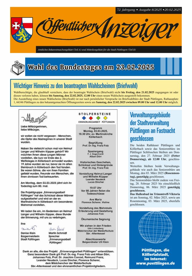 Öffentlicher Anzeiger - Stadt Püttlingen Titelblatt 08/2025