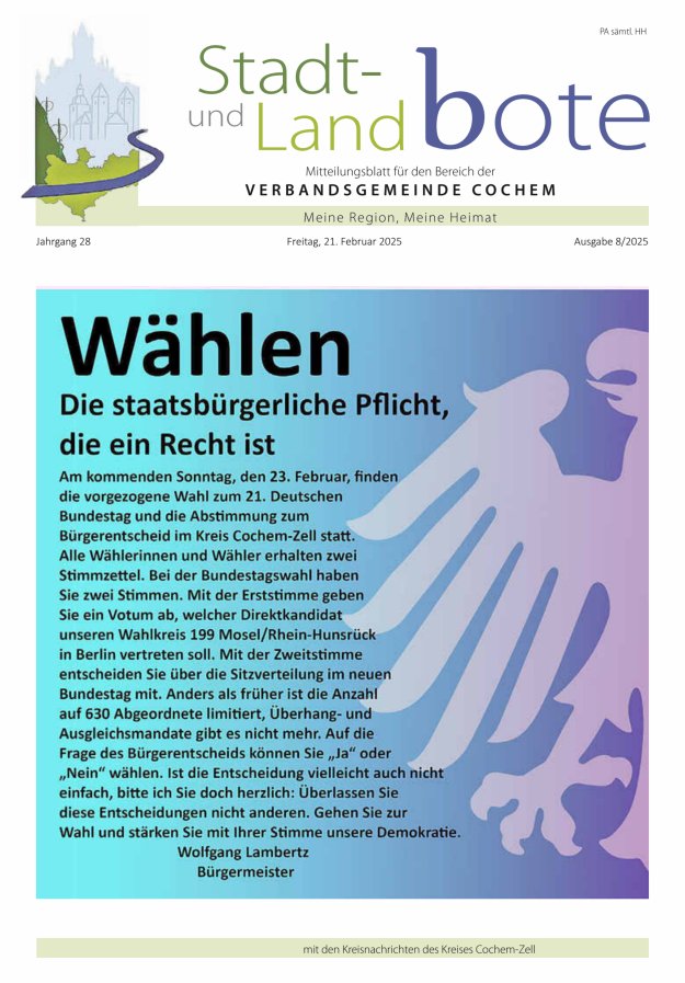 Stadt- und Landbote VG Cochem Titelblatt 08/2025