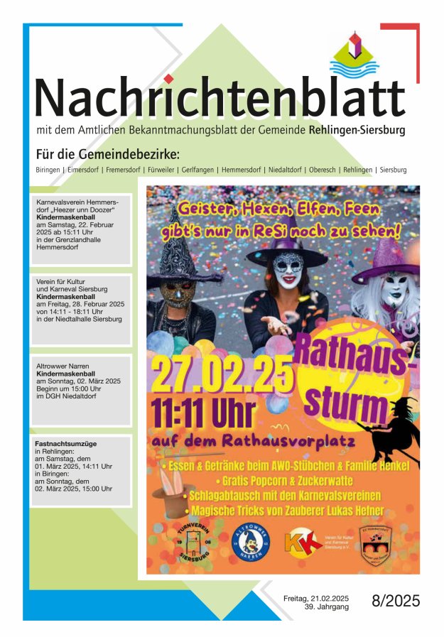Nachrichtenblatt Rehlingen-Siersburg Titelblatt 08/2025
