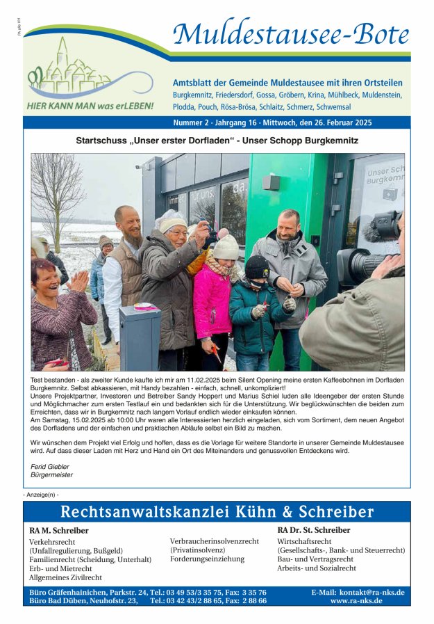 Muldestausee-Bote – Amtsblatt der Gemeinde Muldestausee mit ihren Ortsteilen Titelblatt 02/2025