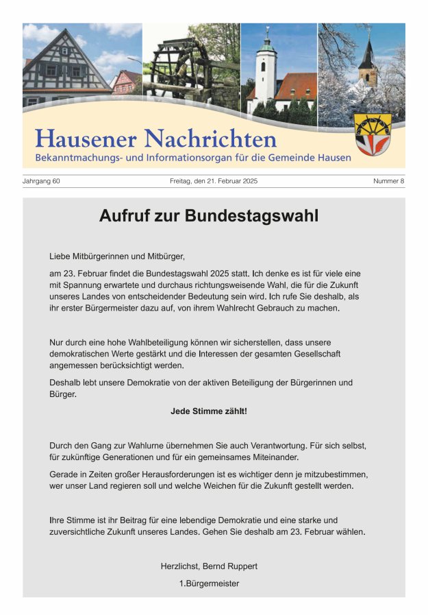 Hausener Nachrichten Titelblatt 08/2025