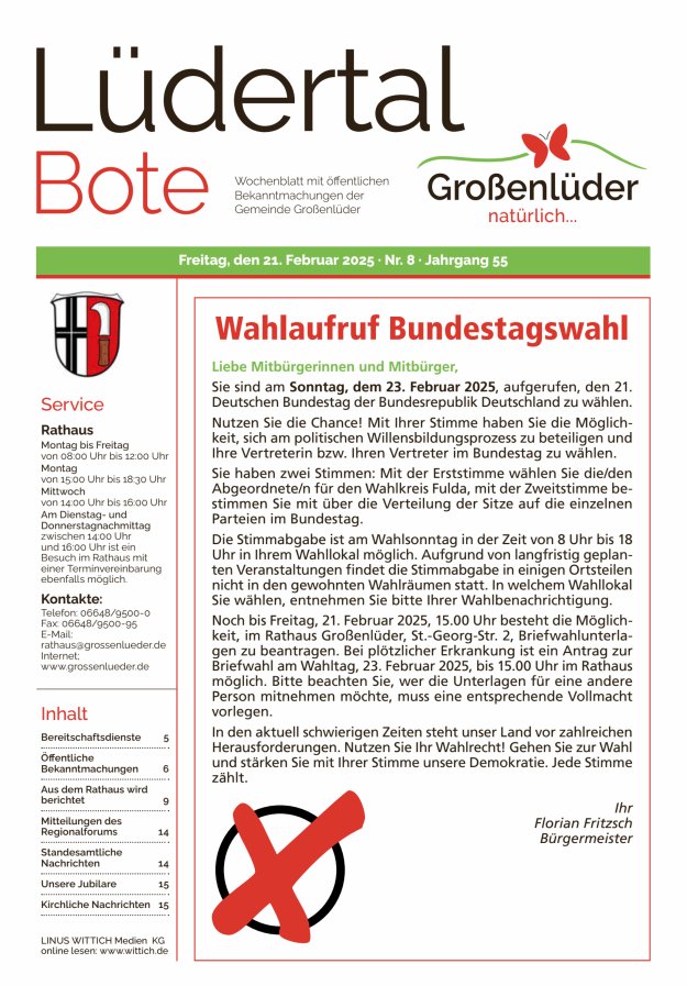 Wochenblatt mit öffentlichen Bekanntmachungen der Gemeinde Großenlüder Titelblatt 08/2025