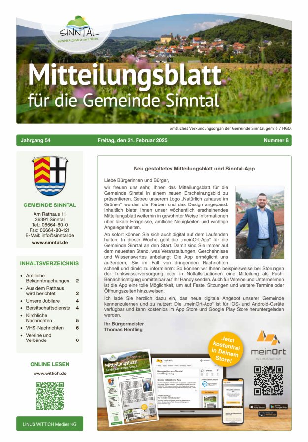 Mitteilungsblatt für die Gemeinde Sinntal Titelblatt 08/2025