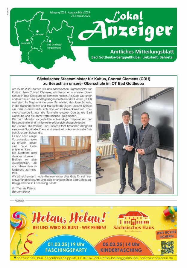 Lokal-Anzeiger - Amtliches Mitteilungsblatt Bad Gottleuba-Berggießhübel, Liebstadt, Bahretal Titelblatt 02/2025