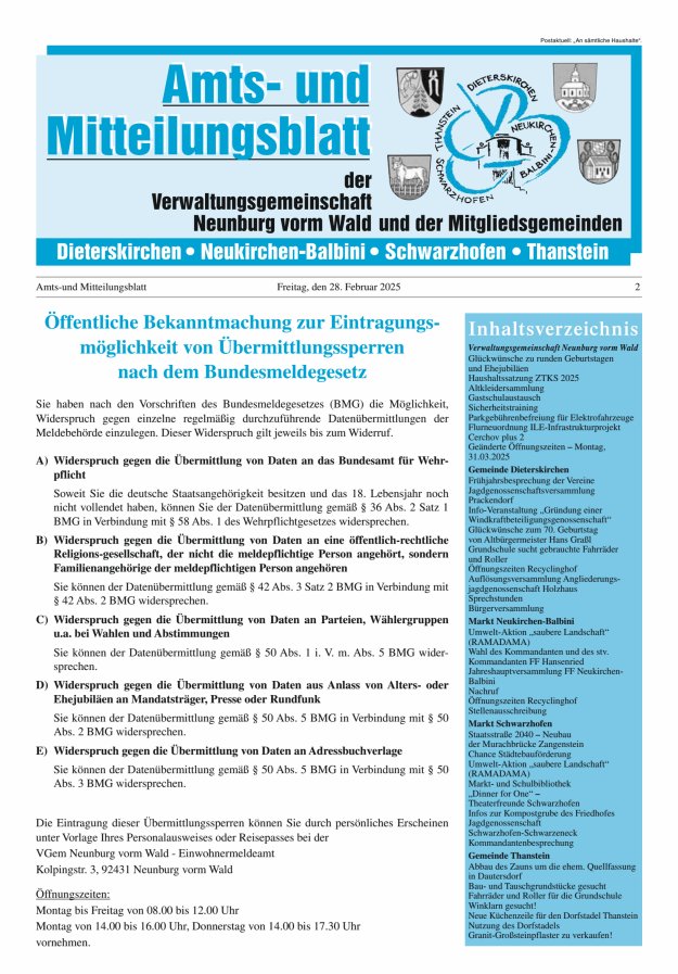 Amts- u Mitteilungsblatt der VG Neunburg vorm Wald u d Mitgliedsgemeinden Titelblatt 02/2025