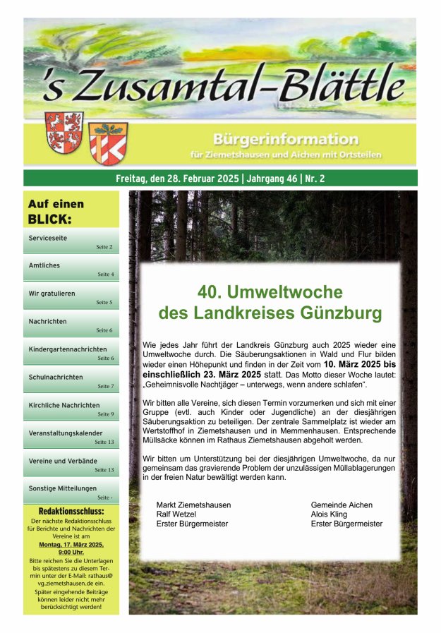 's Zusamtal-Blättle Bürgerinformationen für Ziemetshausen und Aichen mit OTen Titelblatt 02/2025