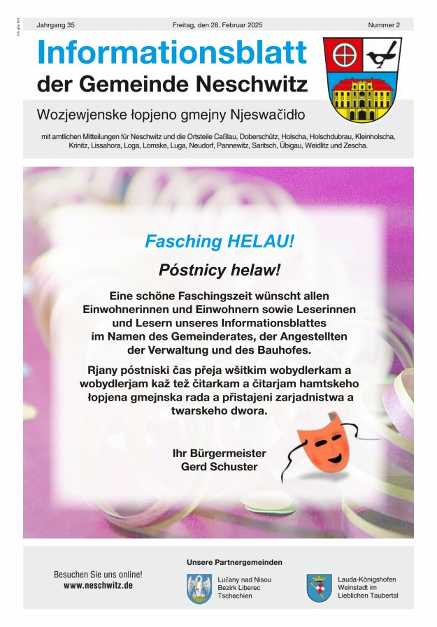 Informationsblatt der Gemeinde Neschwitz mit amtlichen Mitteilungen Titelblatt 02/2025