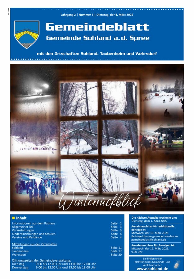 Amtsblatt der Gemeinde Sohland a. d. Spree mit den Ortschaften Sohland, Taubenheim und Wehrsdorf Titelblatt 03/2025