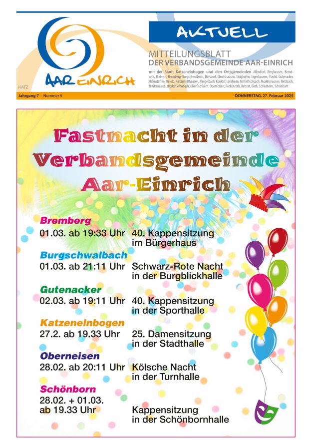 Mitteilungsblatt der Verbandsgemeinde Aar-Einrich Ausgabe Katzenelnbogen Titelblatt 09/2025