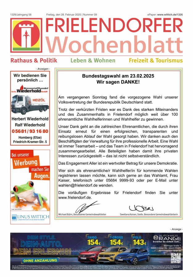 Frielendorfer Wochenblatt Titelblatt 09/2025