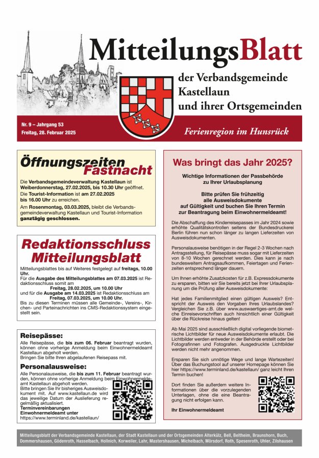 Mitteilungsblatt Kastellaun Titelblatt 09/2025