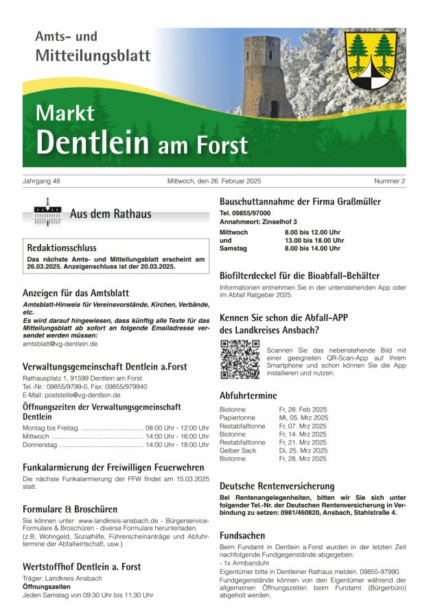 Amts- und Mitteilungsblatt Markt Dentlein am Forst Titelblatt 02/2025