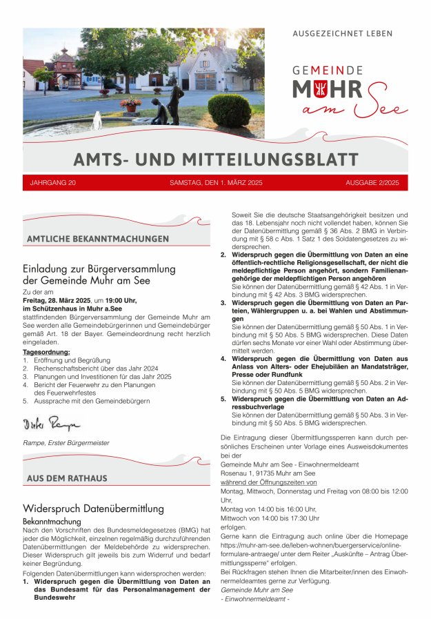 Muhrer Heimatbrief Amts- u Mitteilungsblatt der Gemeinde Muhr a See Titelblatt 02/2025