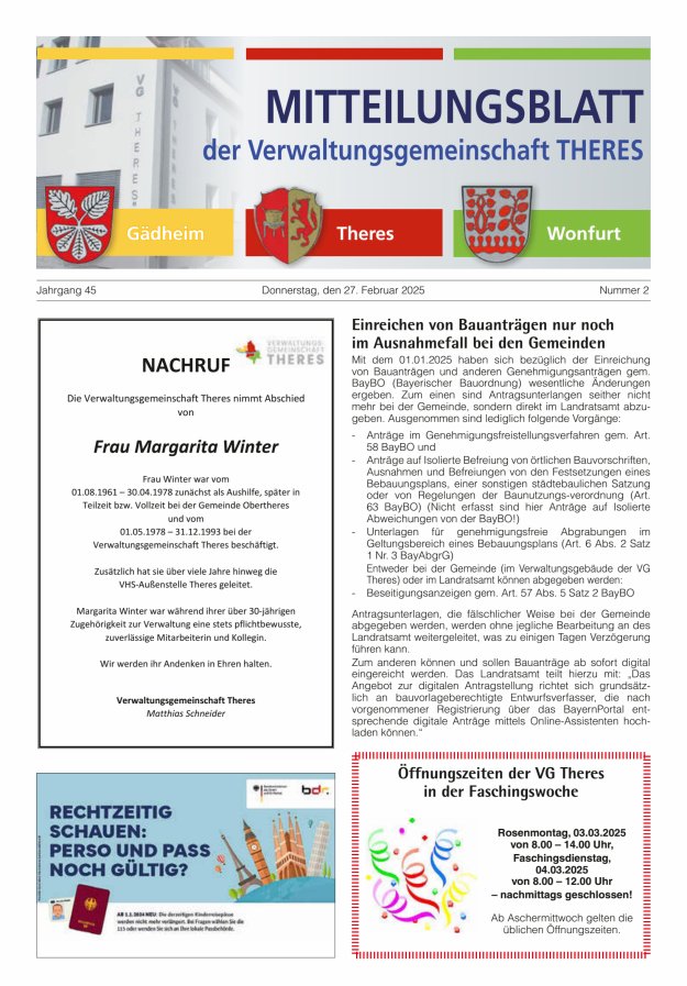 Mitteilungsblatt der Verwaltungsgemeinschaft Theres Titelblatt 02/2025