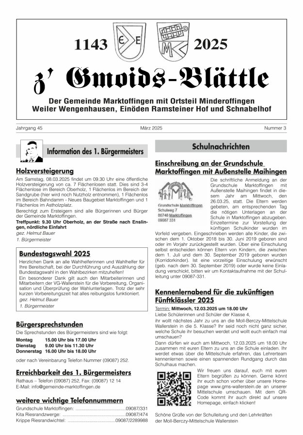 z'Gmoids-Blättle der Gemeinde Marktoffingen mit Ortsteilen Titelblatt 03/2025