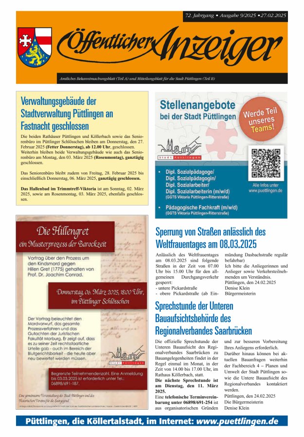 Öffentlicher Anzeiger - Stadt Püttlingen Titelblatt 09/2025