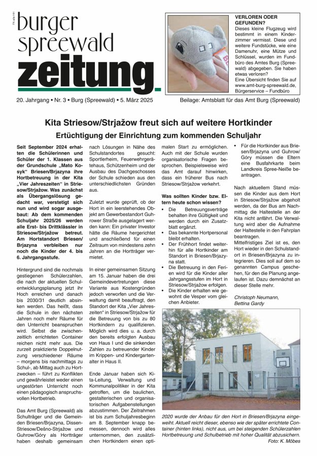 Burger Spreewald Zeitung - Amtsblatt für das Amt Burg (Spreewald) Titelblatt 03/2025