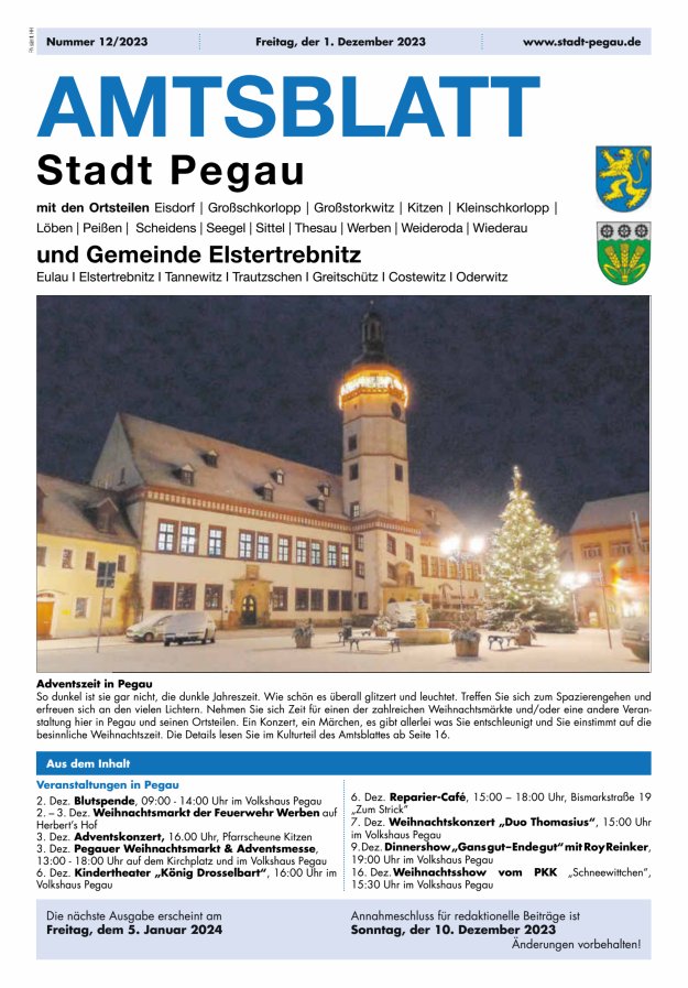 Amtsblatt Stadt Pegau und Gemeinde Elstertrebnitz  Titelblatt 48/2023