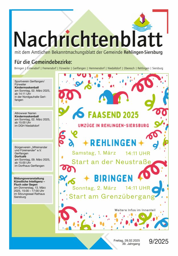 Nachrichtenblatt Rehlingen-Siersburg Titelblatt 09/2025