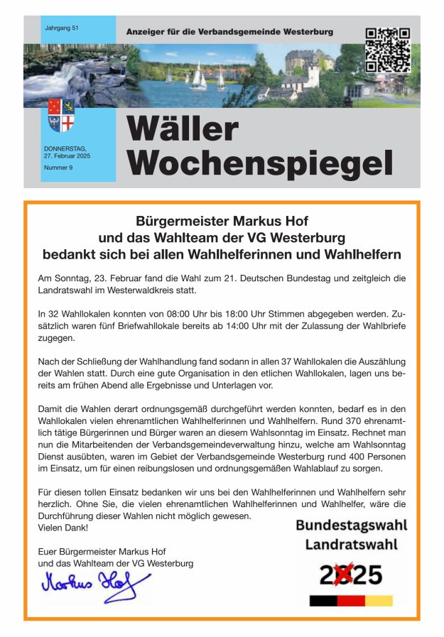 Wäller Wochenspiegel - Anzeiger für die Verbandsgemeinde Westerburg Titelblatt 09/2025