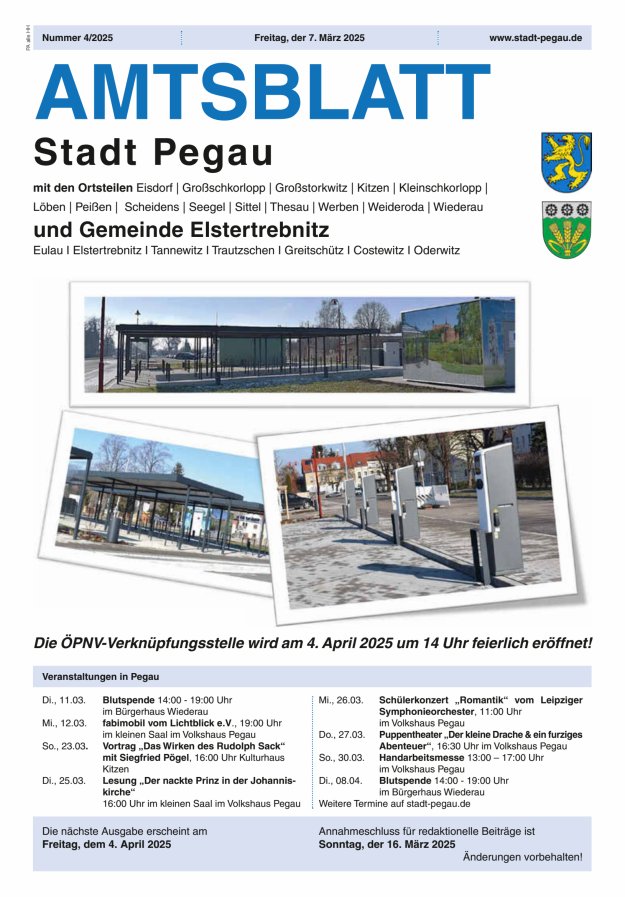 Amtsblatt Stadt Pegau und Gemeinde Elstertrebnitz  Titelblatt 04/2025