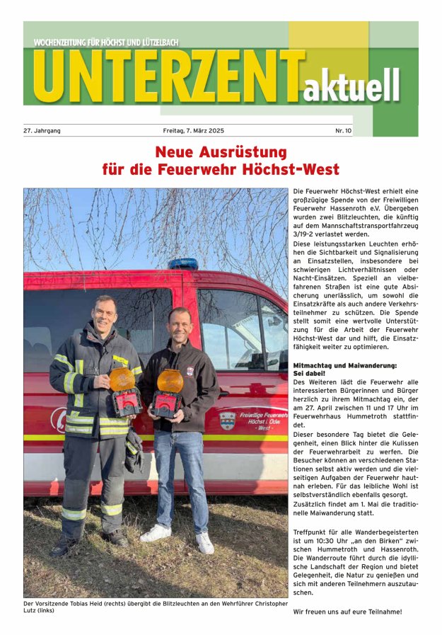 Unterzent aktuell Wochenzeitung für Höchst und Lützelbach Titelblatt 10/2025