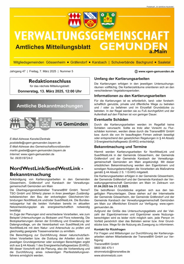 Mitteilungsblatt der VG Gemünden a Main Titelblatt 05/2025