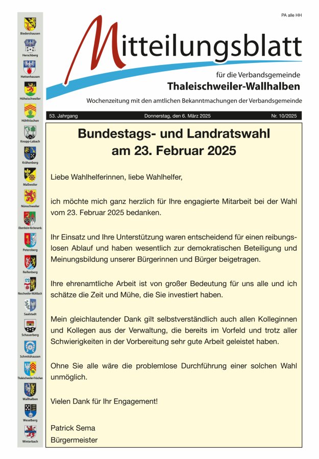 Mitteilungsblatt VG Thaleischweiler-Wallhalben Titelblatt 10/2025