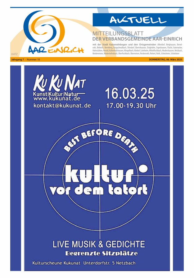 Mitteilungsblatt der Verbandsgemeinde Aar-Einrich Ausgabe Katzenelnbogen Titelblatt 10/2025