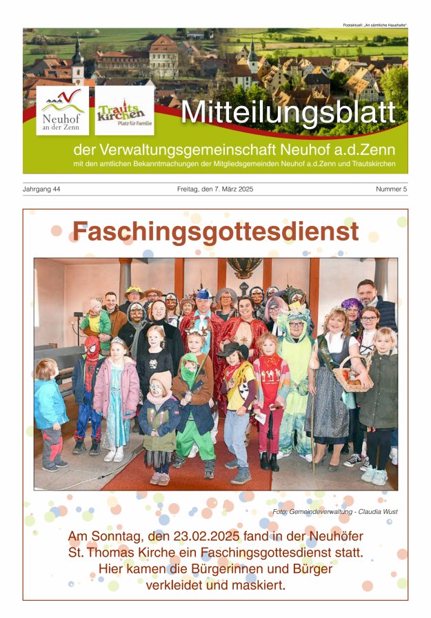 Mitteilungsblatt der Verwaltungsgemeinschaft Neuhof an der Zenn mit den amtlichen Bekanntmachungen der Mitgliedsgemeinden Neuhof an der Zenn und Trautskirchen Titelblatt 05/2025