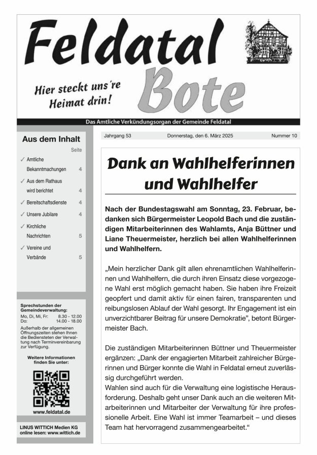 Das Amtliche Verkündungsorgan der Gemeinde Feldatal Titelblatt 10/2025