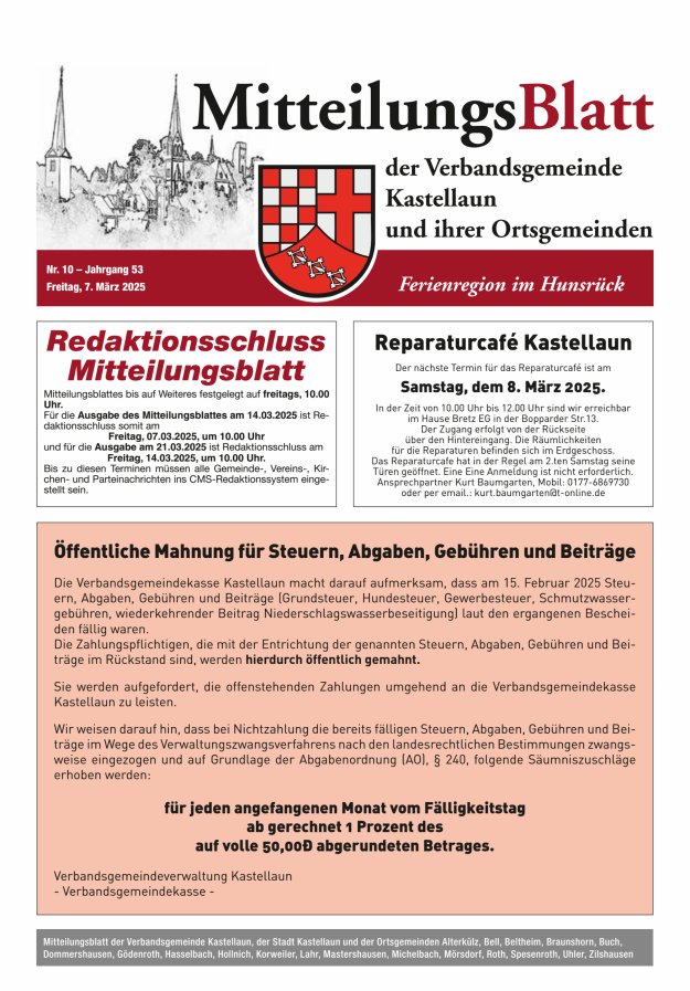 Mitteilungsblatt Kastellaun Titelblatt 10/2025