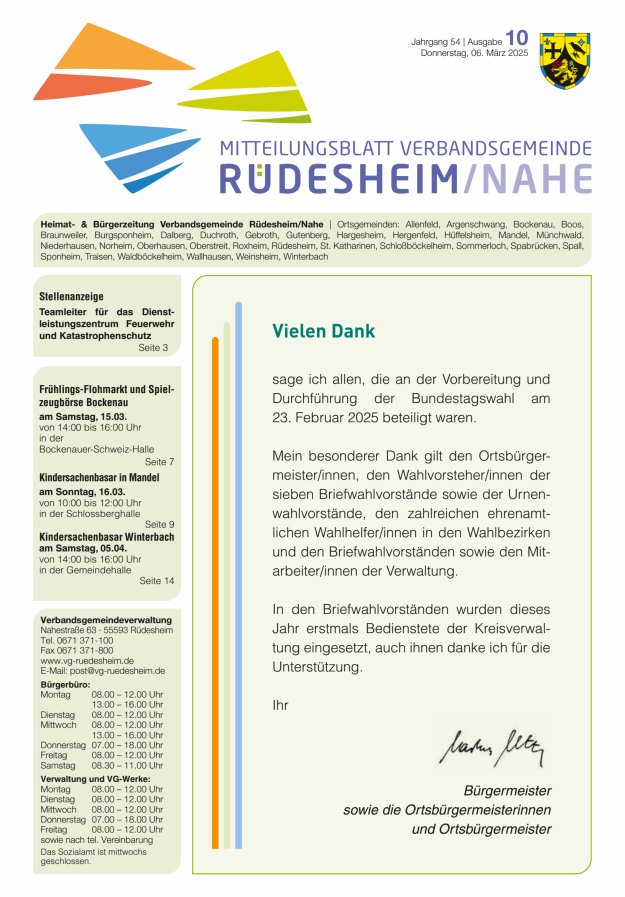 Mitteilungsblatt Verbandsgemeinde Rüdesheim und zugehörige Ortsgemeinden Titelblatt 10/2025