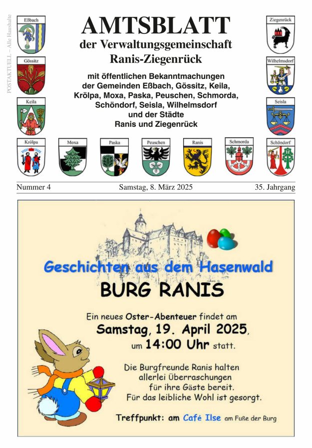 Amtsblatt der Verwaltungsgemeinschaft Ranis-Ziegenrück Titelblatt 04/2025