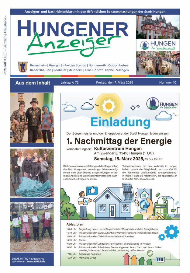 Anzeigen- und Nachrichtenblatt mit den öff  Bekanntmachungen der Stadt Hungen Titelblatt 10/2025